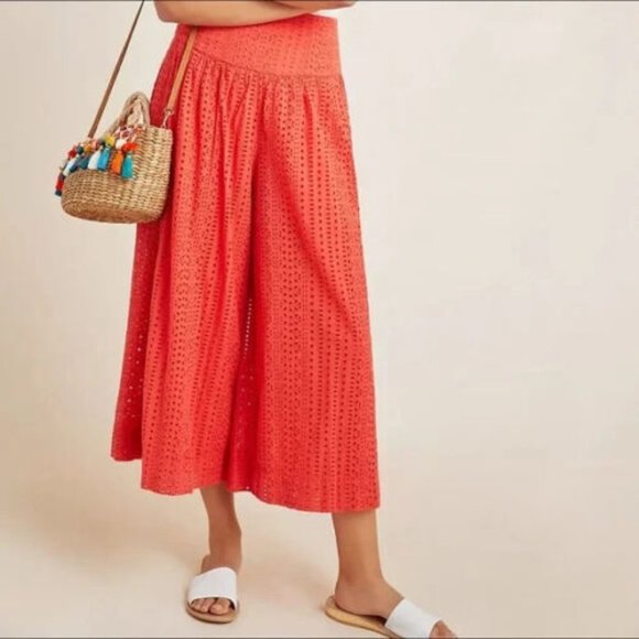 Anthropologie Womens Wide Leg Eyelet Lace Pants Orange Size US 0 - Picture 1 of 12